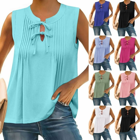 Ahuyic Short Sleeve Shirts for Women,Summer Plus Size for Women,Womens Sleeveless Casual Tie Front Crewneck Pleated Shirts Summer Loose Flowy Shirt Blouse