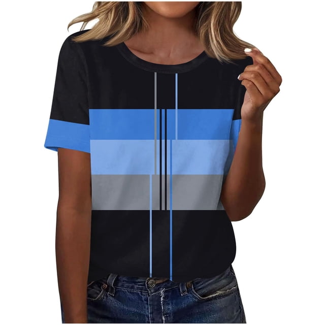 Camisetas Casuales de las Mujeres Estampadas Cuello Tripulado Manga Corta Superior, Ligera Mezcla de Poliéster Blusa de Moda