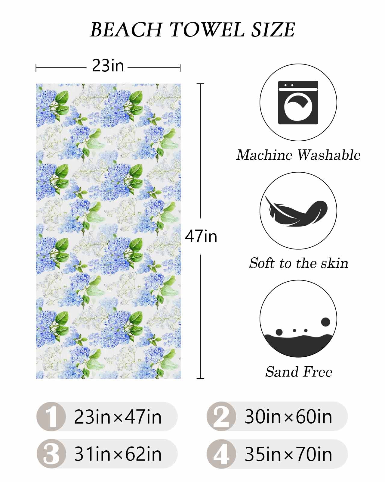 Summer Hydrangeas Beach Towels Oversized Super Absorbent, White Blue Flowers Pastoral Leaves Lightweight Bath Towel Quick Dry Sets For Bathroom/Pool/Rv Camping/Beach Play/Gym Room/Picnic 30"x60"