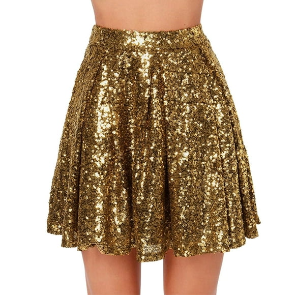 UJNDER Women's Fashion High Waist Pleated Solid Color Short Skirt Loose Sequin Comfortable Fall Skirts for Women Gold XL