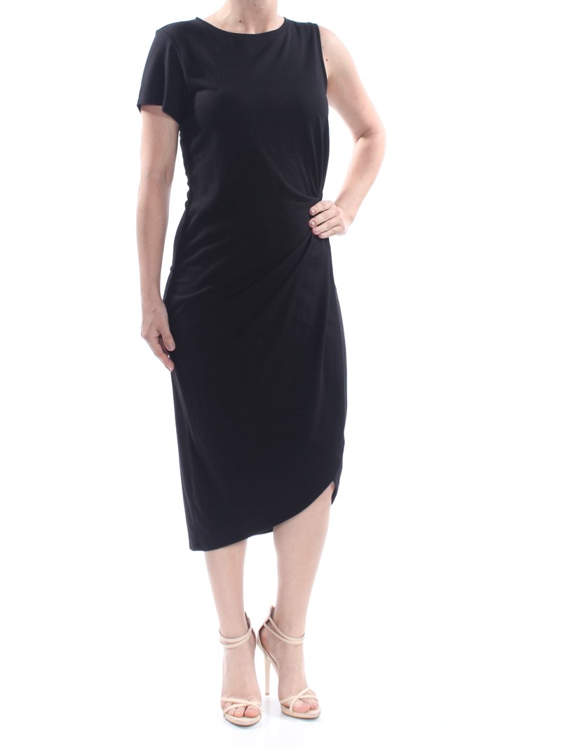 below the knee black cocktail dress Black Bandage Below Knee Bodycon Dress with Spaghetti Straps V Neck Black / XS