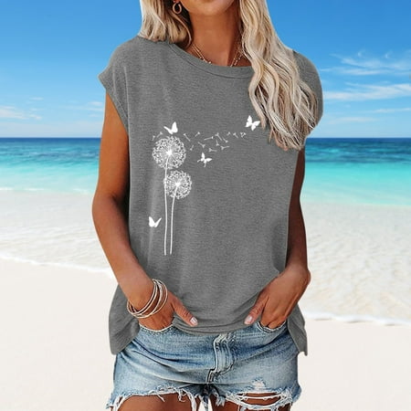 DondPO Going Out Tops for Women Corset Tops Womens Casual Solid Dandelion Printing Easy V Neck Short Sleeve Vest T Shirt Loose Fit Tank Tops Tank Top for Women Camisole Tops Grey S