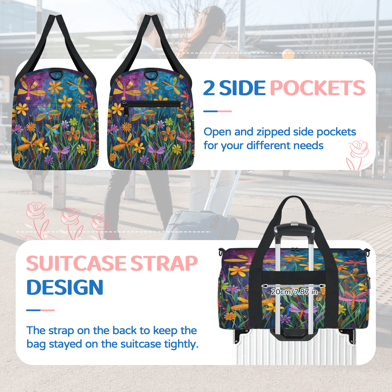 Herdesigns Colorful Dragonflie Flowers Gym Bag for Women, Duffle Bag for Travel Sport, Lightweight Waterproof Carry on Weekender Overnight Dance Yoga Workout Bags