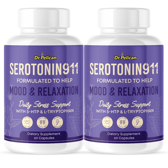 Serotonin911-5-HTP & L-Tryptophan-Stress/Mood/Relaxation- 2 Bottles-120 Capsules- Dr. Pelican