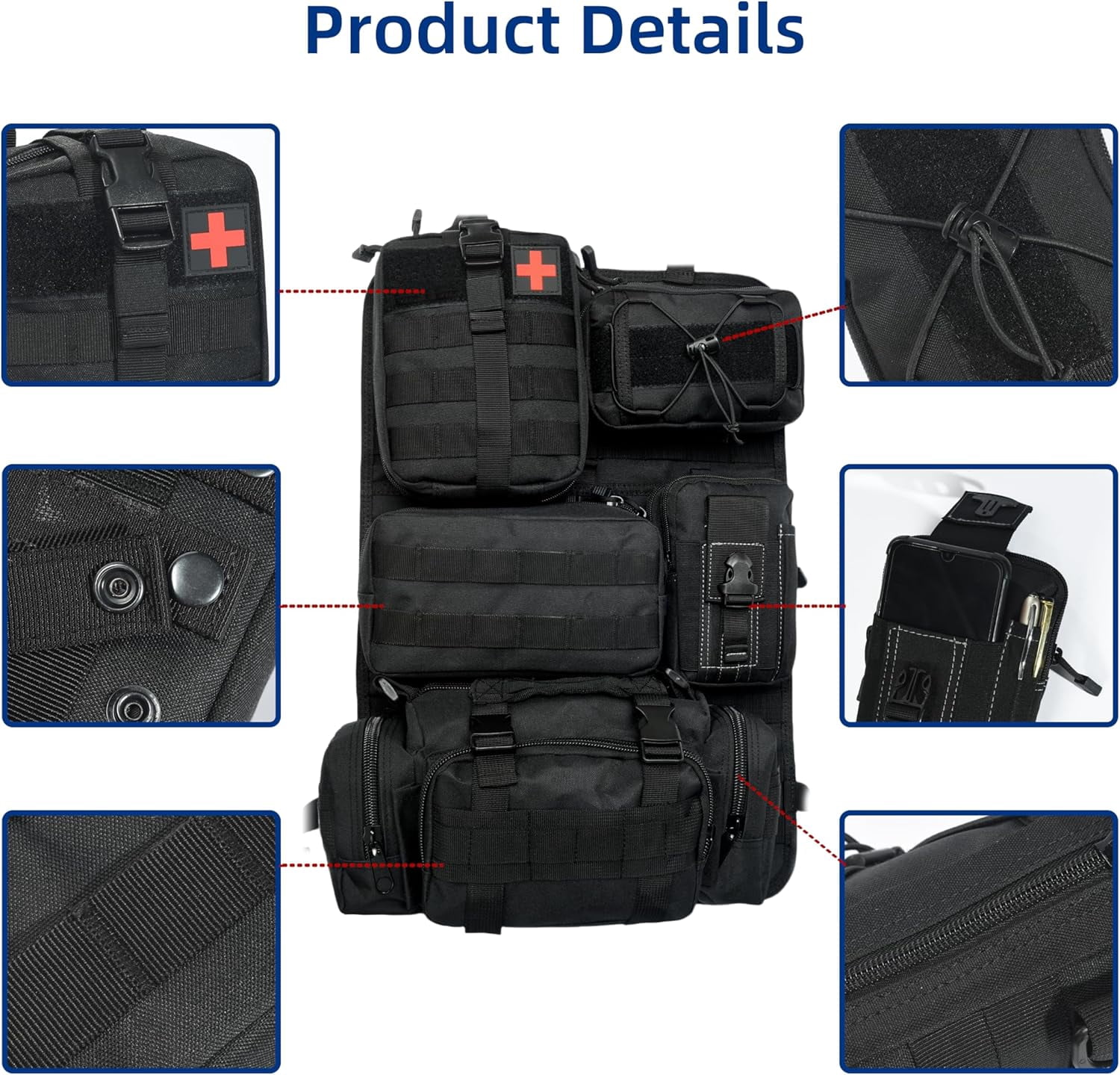 Tactical Car Seat Back Organizer,Back Seat Organizer with 5 Detachable Molle Pouches,Molle Panel Organizer Fits for Vehicel Such as Jeep,Truck,SUV, Car