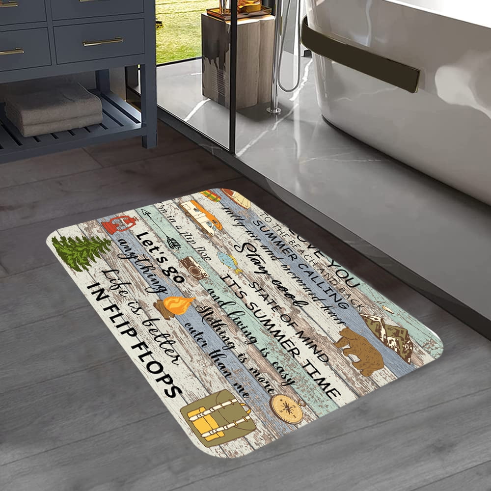 Happy Camper Bath Mat for Camper Trailer Camping Bathroom, Retro RV Camper Travel Trailers Non-Slip Doormat Bath Rug, Entrance Rug for Front Door Kitchen Floor Bath Tub Bedroom