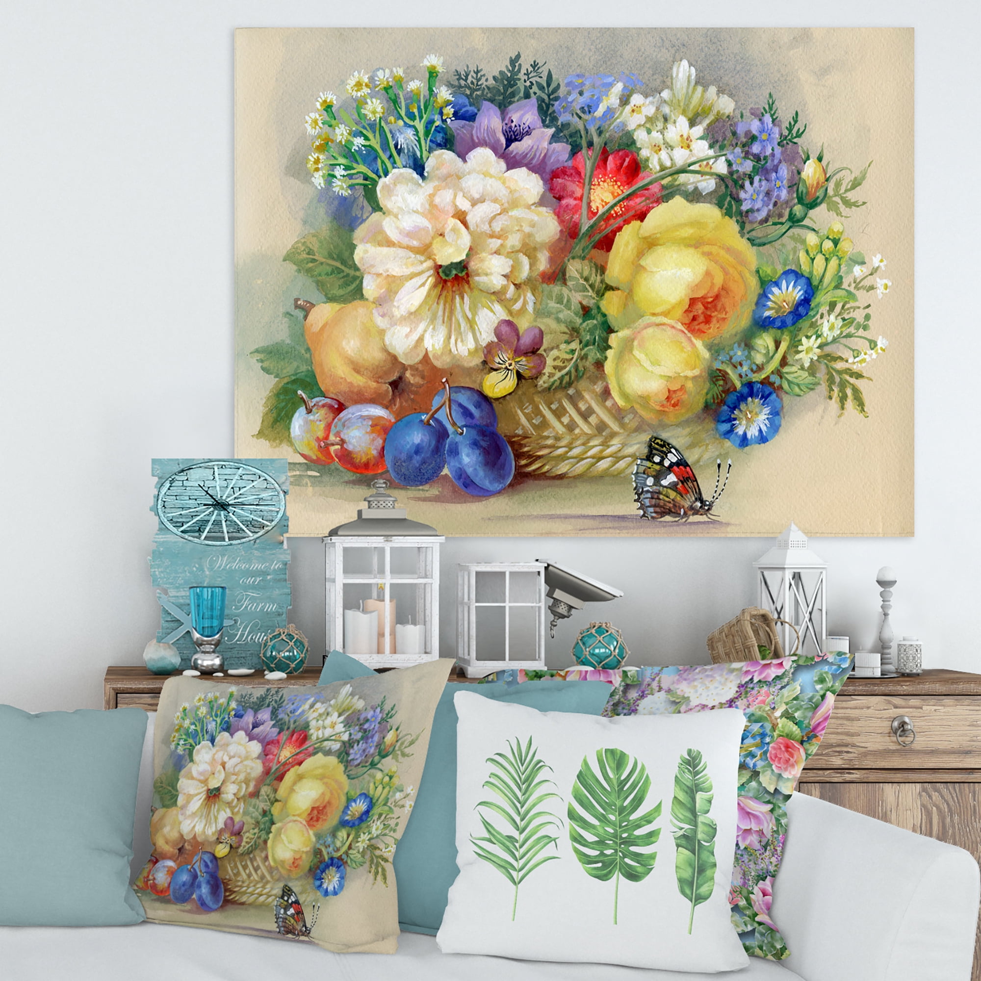 Vintage Still Life Of White and Yellow Flowers 8 in x 12 in Painting Canvas Art Print, by Designart