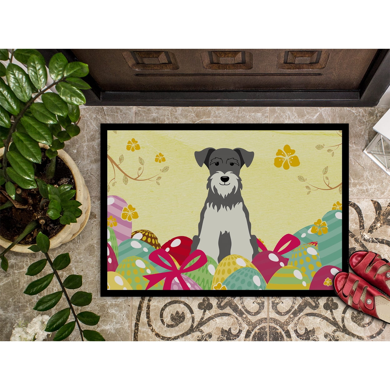 Carolines Treasures BB6054JMAT 24 x 36 in. Easter Eggs Miniature Schanuzer Salt & Pepper Indoor or Outdoor Mat