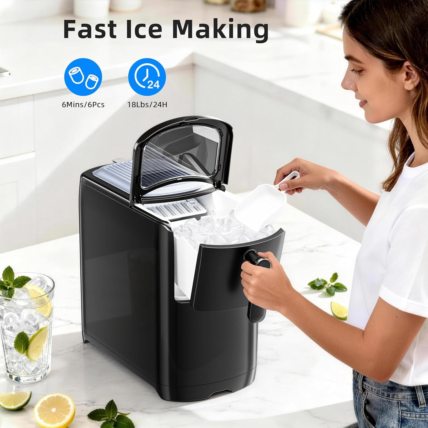 Bullet Ice Maker, 18Lbs/24H Compact Countertop Ice Machine,Fast 6Pcs Bullet Ice in 8 Mins, Removable Lid Easy to Clean,  Self-Cleaning & Low Noise ,Black