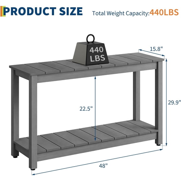 48 Inch Outdoor Console Table Wood All-Weather Side Table 2-Tier Shelf Buffet Sofa Table for  Porch Garden Rust-Resistant Easy to Clean