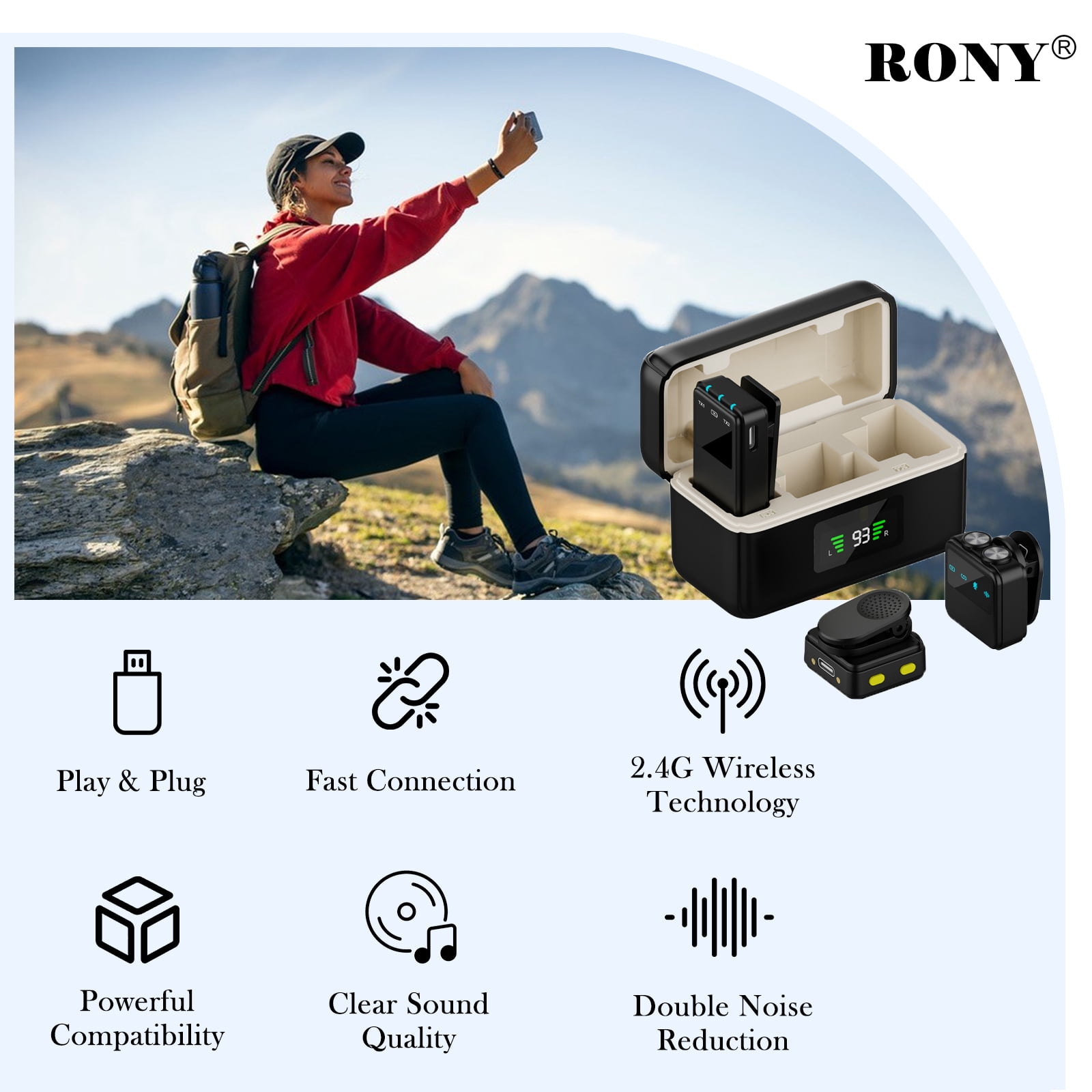 RONY Dual Wireless Lavalier Microphone Compatible with iPhone Android Camera, Mini Lapel Mic System with Charging Case for YouTube Vlog Live Streaming Video Recording