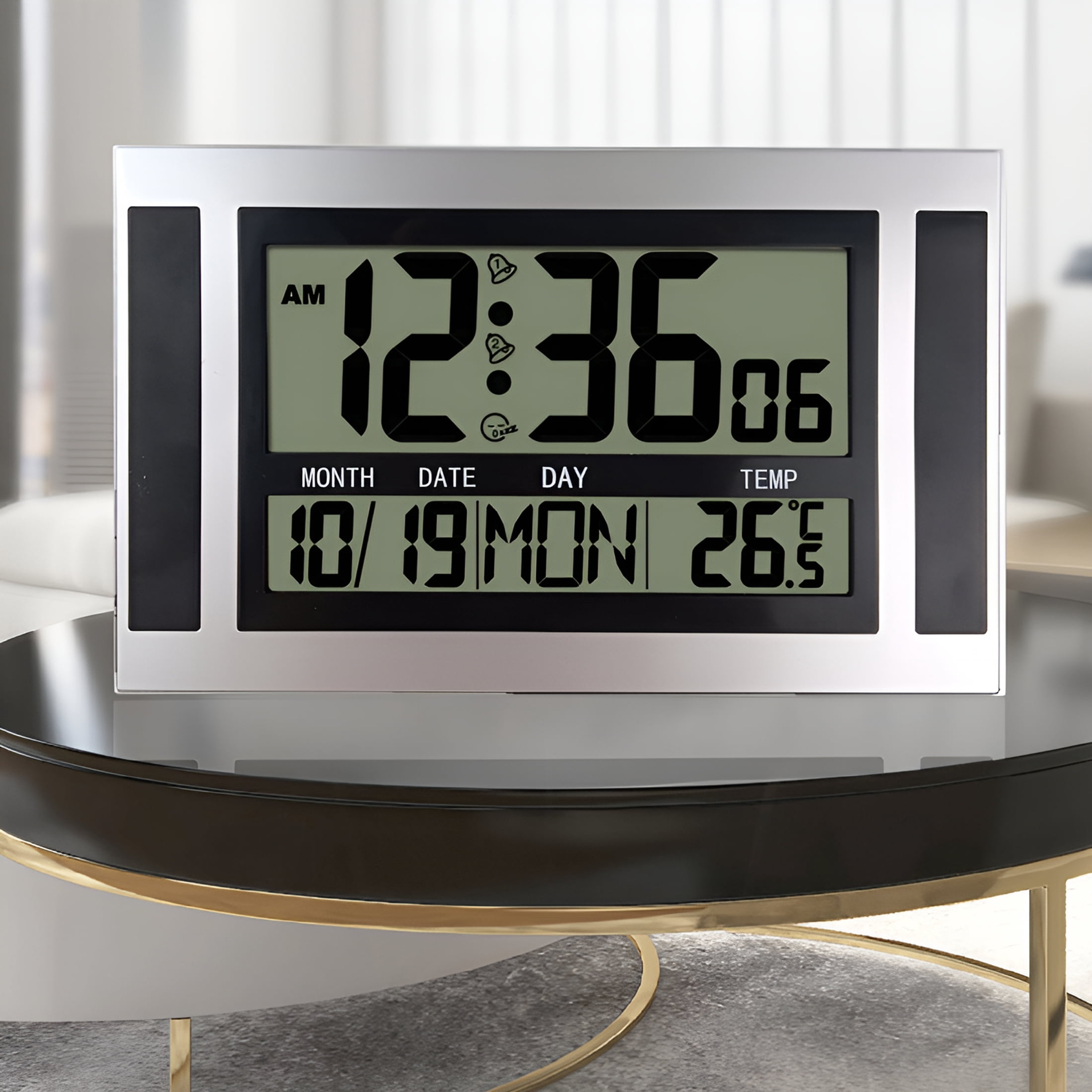 DESIGNICE 2026 New Digital Wall Clock Lcd Large Number Time Temperature Calendar Alarm Table Desk Modern Design Office Home,Large Digital Wall Clock ,Silver