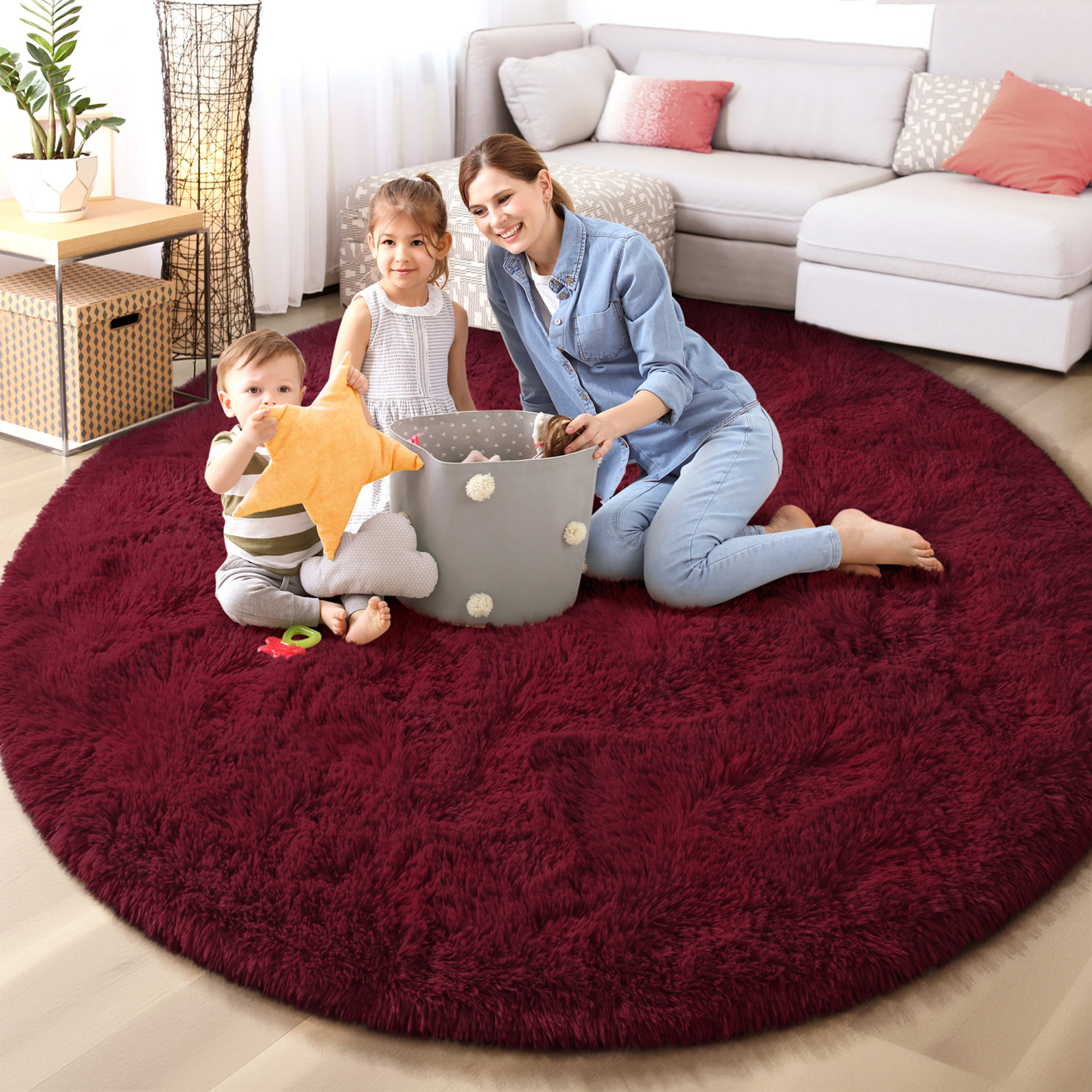 KIXINWA Burgundy Round Rug for Girls Bedroom, Fluffy Circle Rug for Kids Room, 5x5 Feet Plush Area Rug for Bedroom, Soft Fuzzy Circular Rug, Non Slip Shaggy Living Room Rug