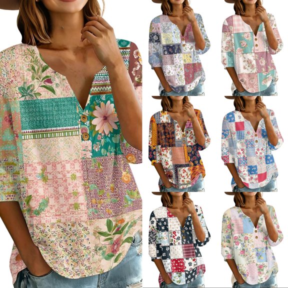 Women's Patchwork Floral Print 3/4 Sleeve Henley Top - V-Neck Button Tunic Blouse, Loose Fit Boho Casual Summer Shirt for Vacation, Beach, Daily Wear Army Green S