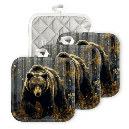 

Bahomeck Pot Holder 4Pcs Bear In The Forest Surrounded By Gold Leaf Splashes And Leaves Square Heat Resistant Hot Pads For Kitchen Cooking Oven With Hanging Loop Potholder Easy To Store
