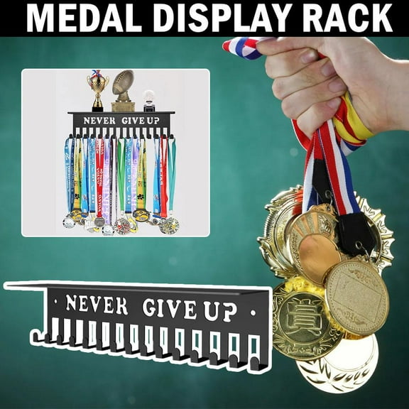 QHUDLV Medal Hanger Display & Trophy Holder, 12 Inches Trophy Display Board Easy To Install Never Give Up Medal Holder Sturdy Trophy Shelf for Boys & Girls Displaying Over 70 Medals And 4 Trophies