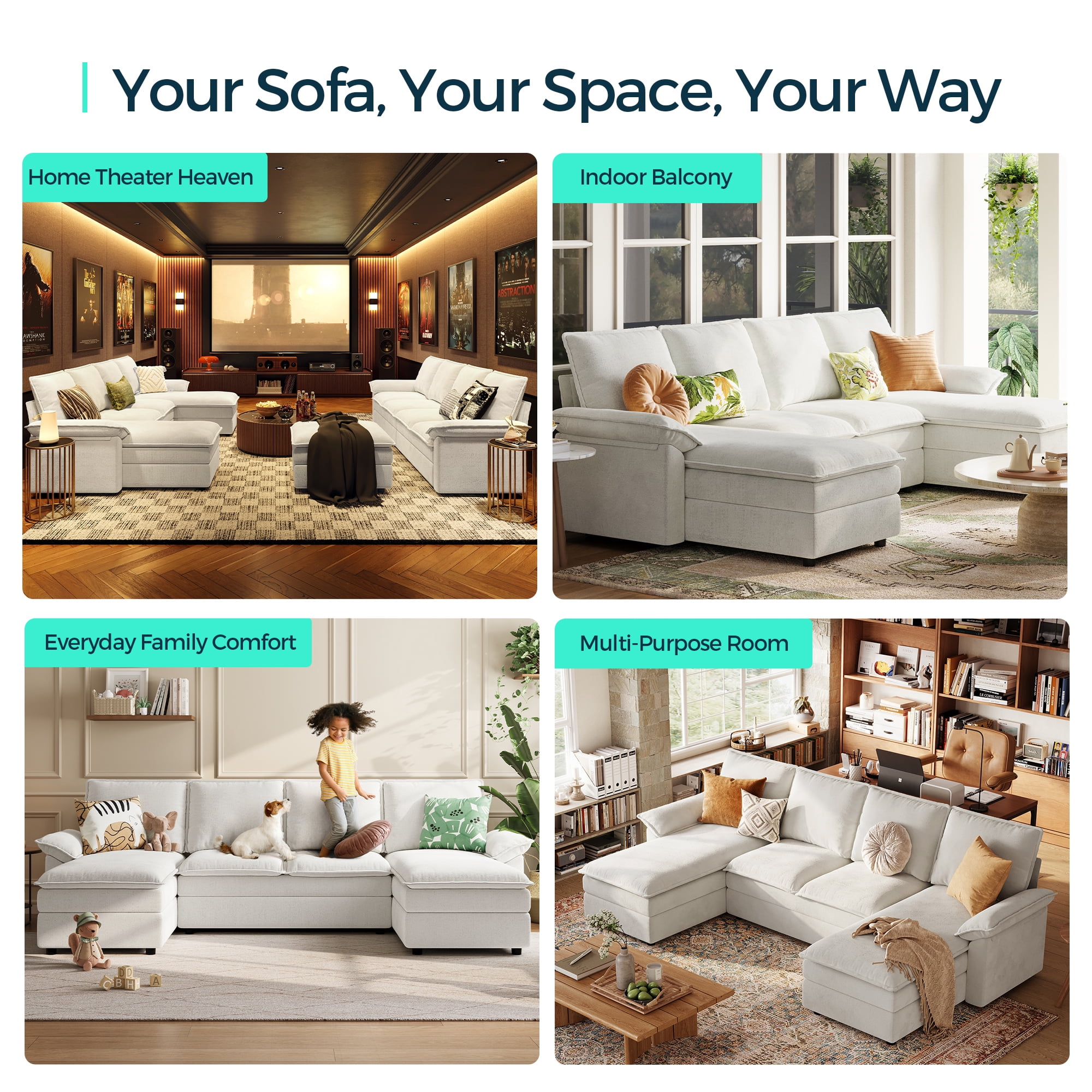 Linsy Home 115" Cloud Sectional Couches for Living Room, U-Shaped Sectional Sofa with Double Chaise, Beige