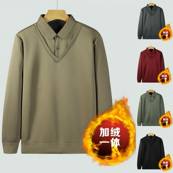 FRSASU Men's Casual Knit Warm Shirt Classic Long Sleeve thermal Basic Lapel Collar Button Knitted Thicken Shirt Red