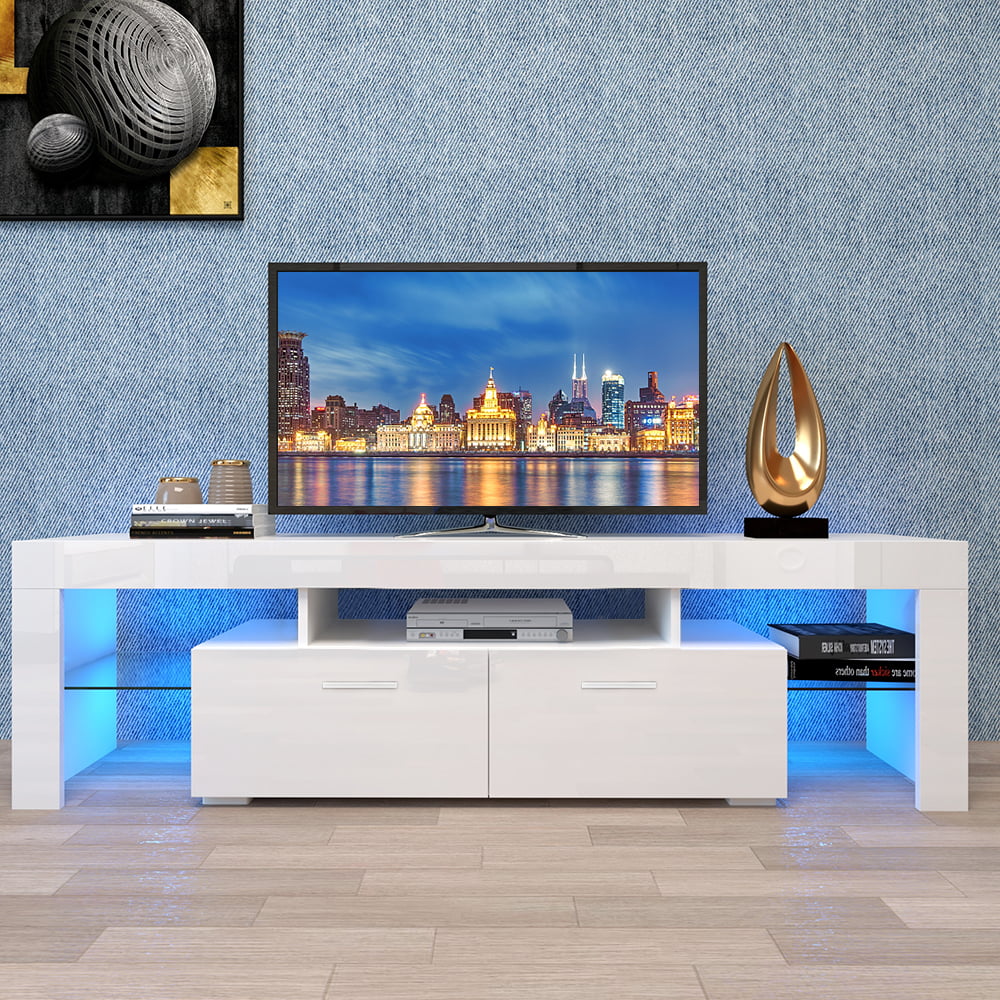 Modern White TV Stand Cabinet with RGB LED Lights, 16 LED TV with Control White High Gloss TV Cabinet with Storage and 2 Drawers, Media Console, - Walmart.com