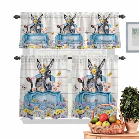 Farm Truck Animal Kitchen Curtains Valances 3 Piece Set Donkeys Cows Pigs Wildflowers Wood Pattern Rod Pocket Tier Curtain and Valance Drapes for Small Window 36 Inch Length for Bedroom Cafe
