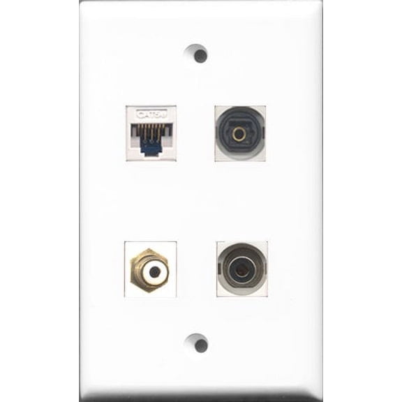 RiteAV 1 Port RCA White and 1 Port Toslink and 1 Port 3.5mm and 1 Port Cat5e Ethernet White Wall Plate