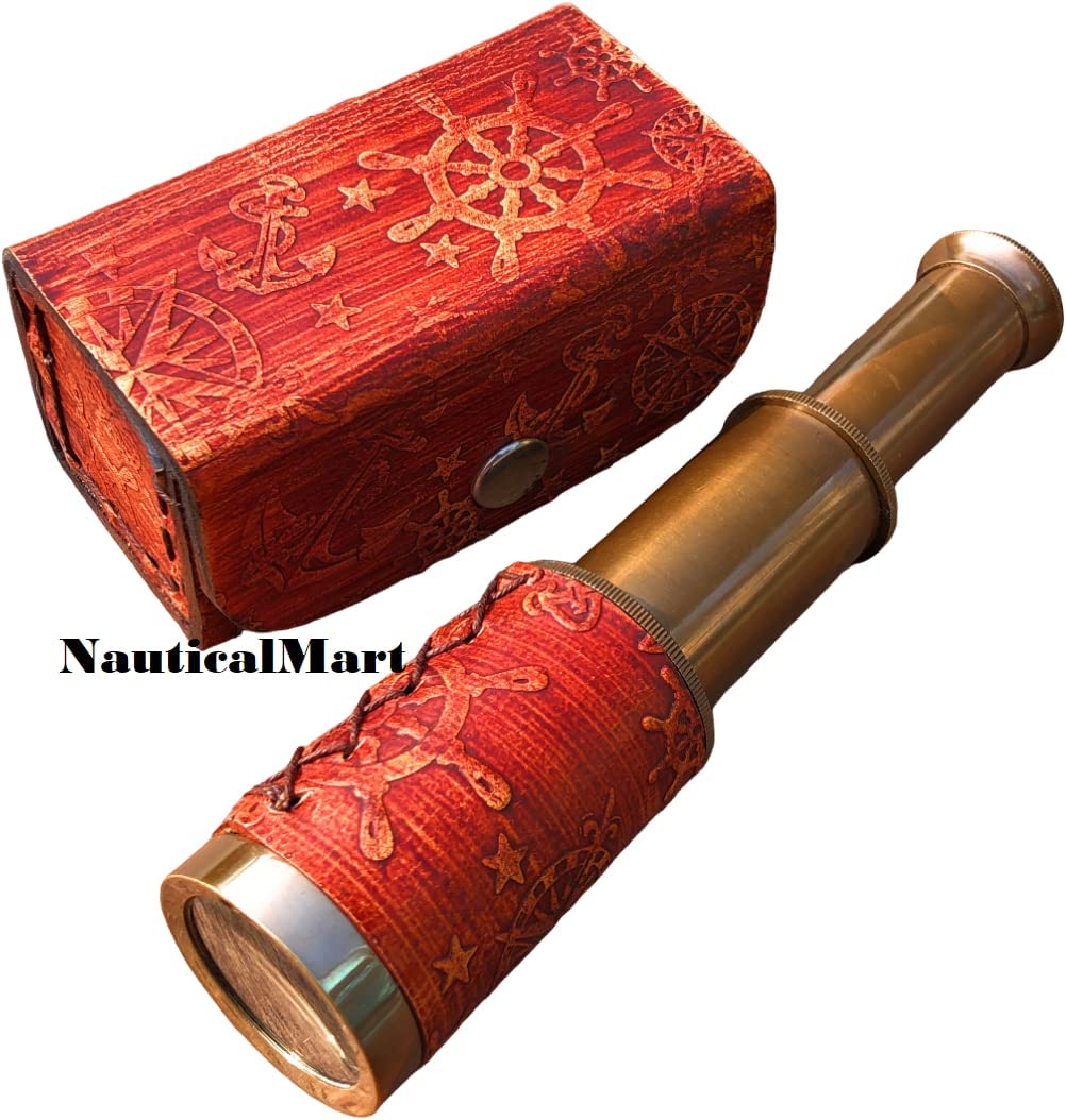 Nautical Brass Spyglass Telescope with Box, Brass Pirate Telescope, Spyglass Collapsible Monocular Decorative Telescope with Glass Optics for Kids Travellers Adventure Enthusiasts Collectible 6''