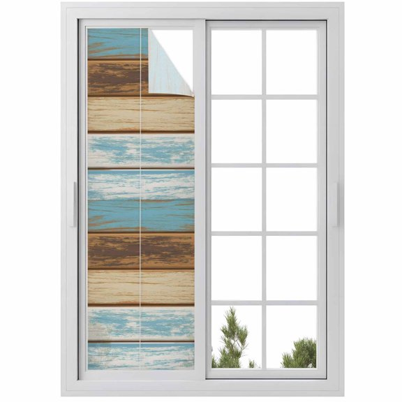 Window Privacy Film Blue Brown Stained Glass Window Film Decorative Sun Block Window Cover Farmhouse Rustic Wooden Plank Board Window Clings Static Adhesive Sticker for Bathroom 23.6"x78.7"