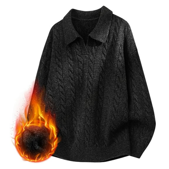 ZCFZJW Fashion Mens Polo Sweaters Regular Fit Casual Fall Long Sleeve Lapel Collared V Neck Pullover Tops Cable Knitted Thermal Soft Tees Black M