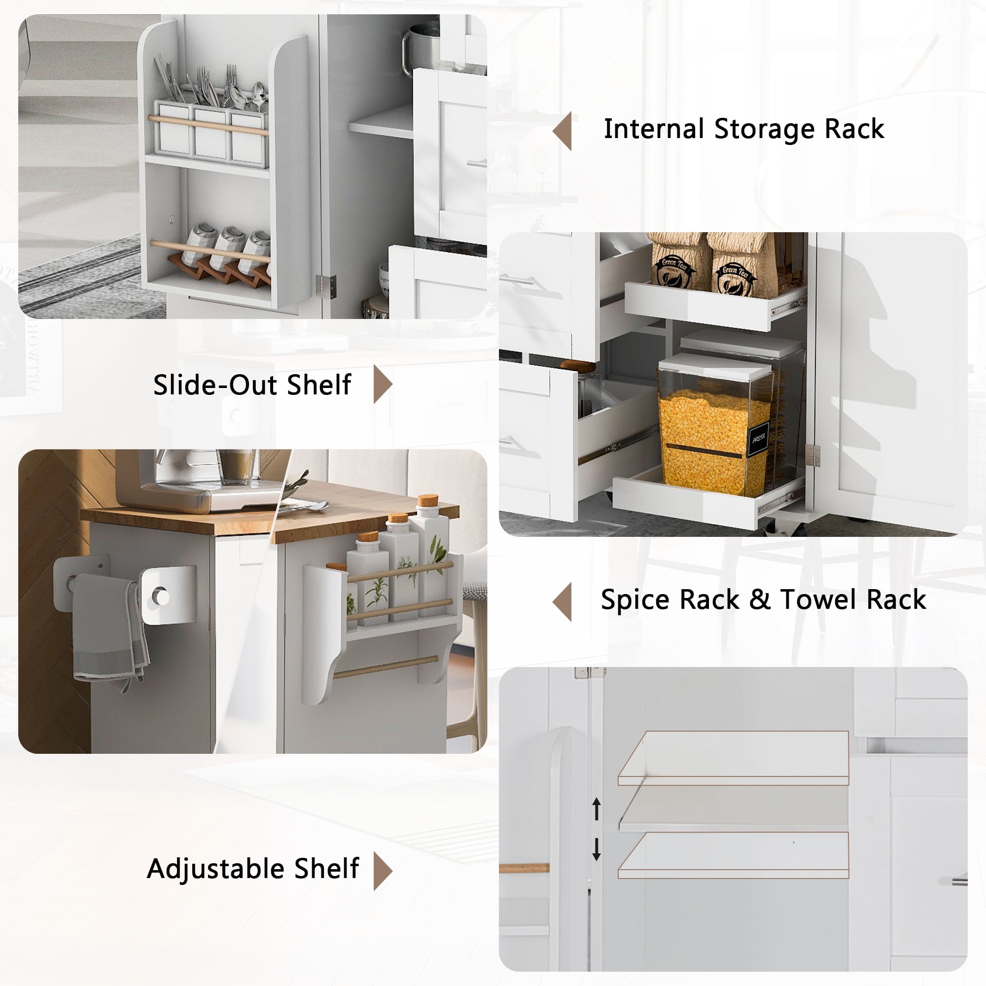 Aukfa Rolling Kitchen Island with Storage, Kitchen Cart W/3 Drawer & 2 Slide-Out Shelf,White