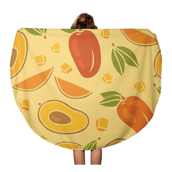 JSDART 60 inch Round Beach Towel Blanket Green Mango Mangoes Orange Pattern Fresh Leaf Vegetables Bio Travel Circle Circular Towels Mat Tapestry Beach Throw