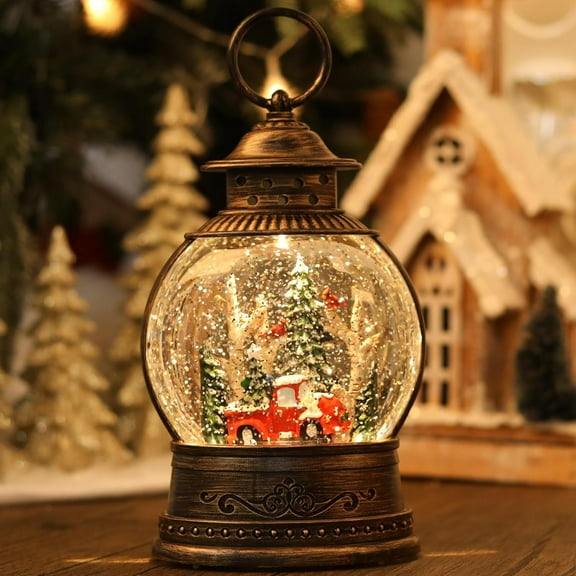 Red Truck Christmas Snow Globes, Light Up Musical Snow Globe Christmas Decorations,