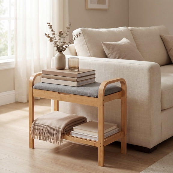 ELLEGNT 2-Tier Shoe Rack Bench with Upholstered Seat – Solid Wood Shoe Storage Organizer for Entryway