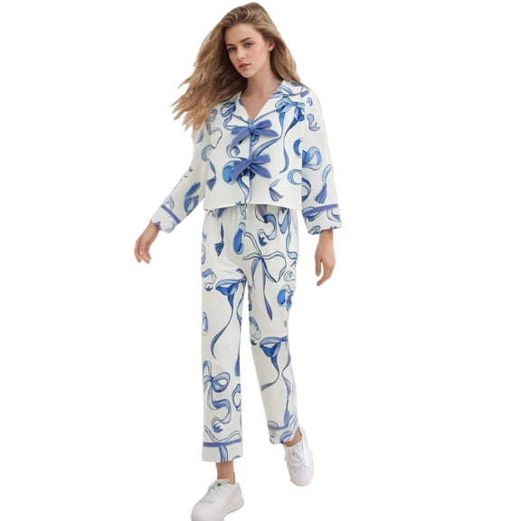 VNKIDY Women Family Matching Fashion Pajama Set With Ribbon Prints Long Sleeve Lapel Button Down Top Loose Fit Pants For Home Relaxing Fashionable Set
