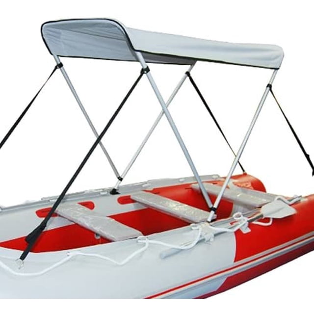 Portable Bimini Top Cover Canopy for Inflatable Kayak Canoe Boat (2 bow) in a marine-grade 600D gray polyester fabric with PU coating for waterproofing. The lightweight aluminum frame supports the canopy, providing protection from sunlight, rain, and hail. Shown installed on a red and white inflatable boat.