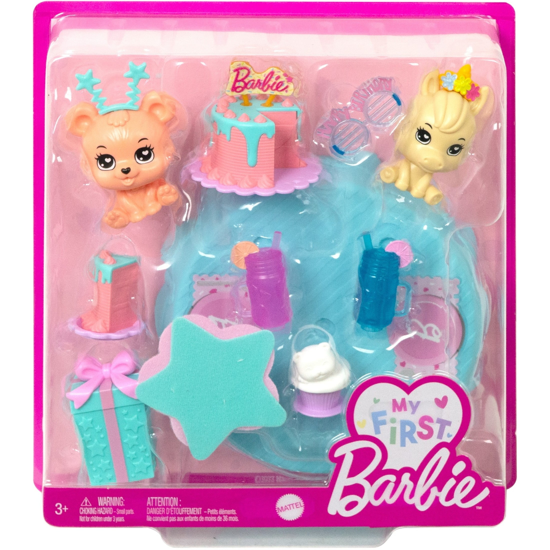 My First Barbie Birthday Accessories for Preschool Dolls, Accessory Pack with Pet Unicorn And Bear