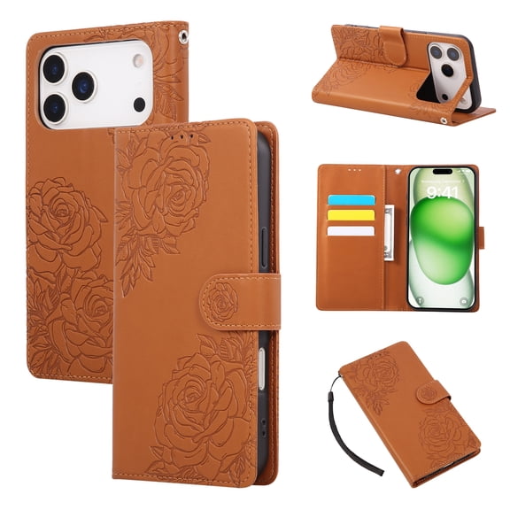 for iPhone 17 Pro Case Wallet with Floral Embossed Design, Premium PU Leather TPU, Card Slots Kickstand Magnetic Clasp Wrist Strap Shockproof Full Body Cover for iPhone 17 Pro, Brown