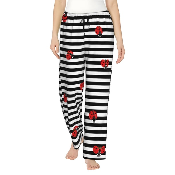 Balery Ladybugs on Black and White Striped Pantalones de pijama para mujer, pijamas ultraligeros, pantalones de estar por casa-X-Large
