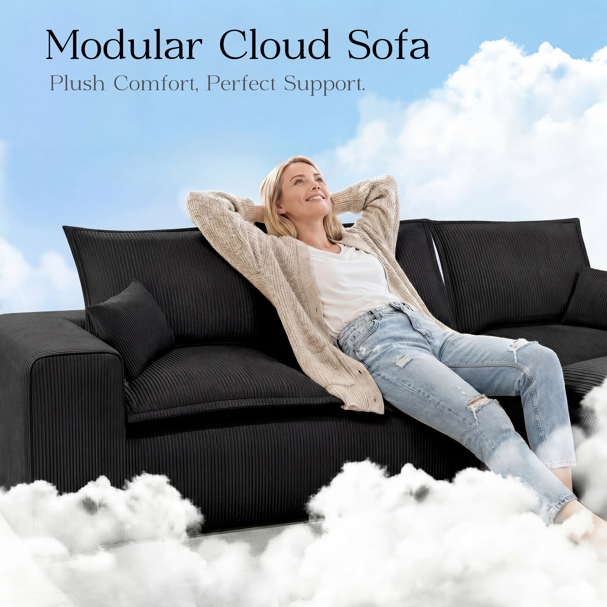 107" L-Shape Modular Sectional Sofa Corduroy Cloud Couch with Ottoman Compressed Foam for Living Room, No Assembly Required Black