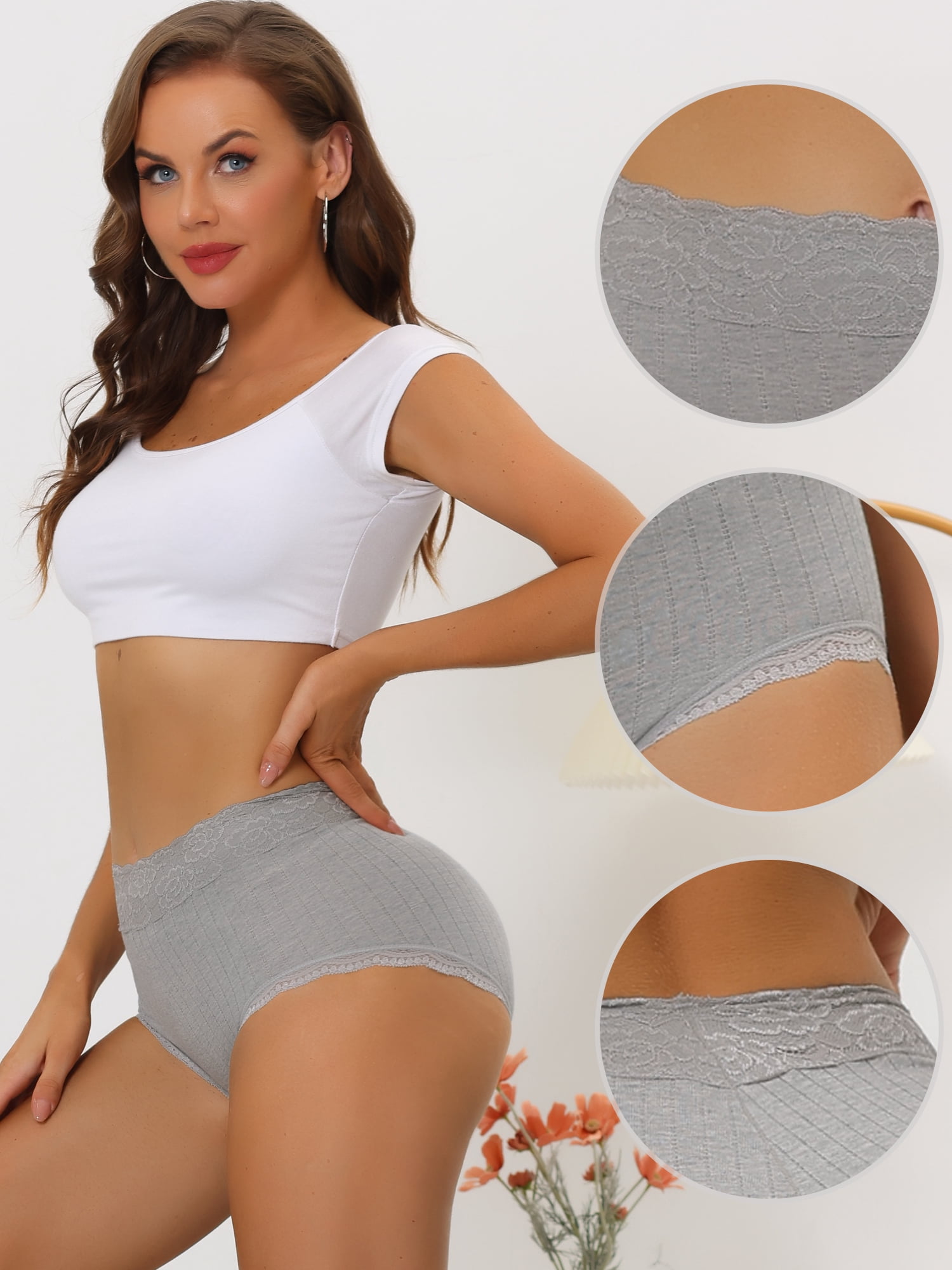Unique Bargains Women's Tummy Control Lace Trim Ribbed Soft Underwear L Gray
