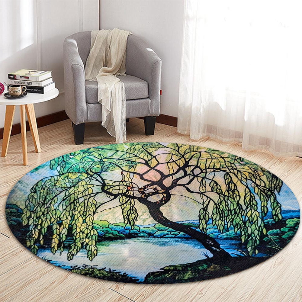 Round Area Rug, Weeping Willow Non-Slip Floor Mat, Soft Washable Carpet for Living Room Bedroom Decor 24 Inch