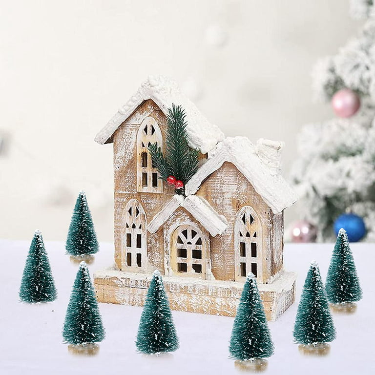 Lots Miniature Christmas Trees Mini Pine Tree Tiny Sisal Trees w/Snow&Wood  Base
