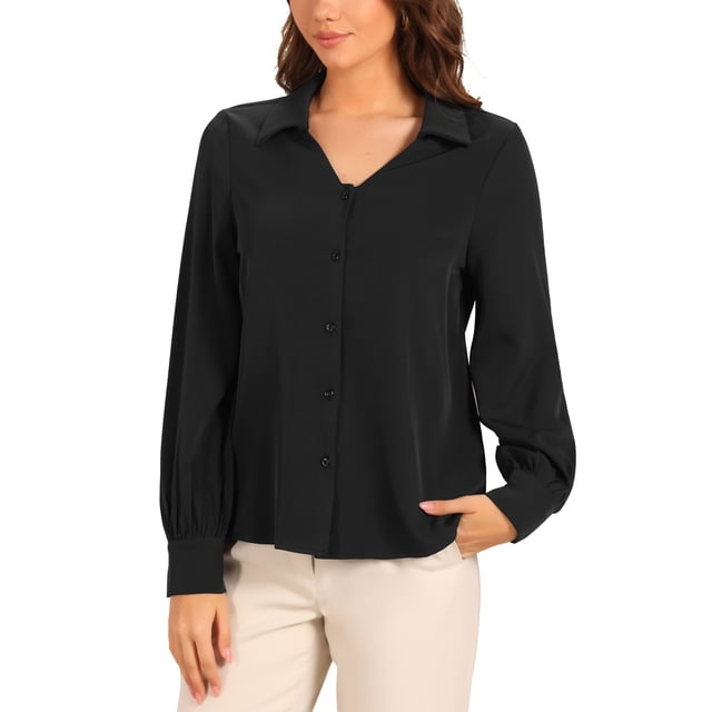 Camisa de trabajo de cuello para mujer INSPIRE CHIC, con botones, de manga larga, escote en V, blusa casual, color negro, talla M