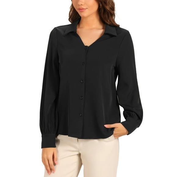 Camisa de trabajo de cuello para mujer INSPIRE CHIC, con botones, de manga larga, escote en V, blusa casual, color negro, talla L
