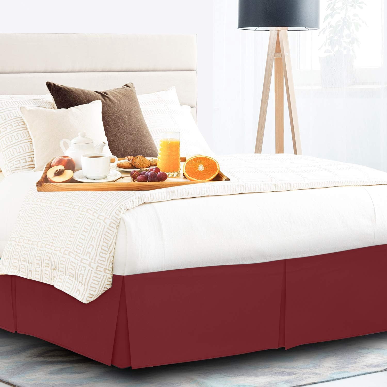 California King Size Pleated Bed Skirt, Burgundy, 10 Inch Drop, 120 GSM Microfiber, Wrinkle-Free, Fade Resistant, Easy Fit Box Spring Cover