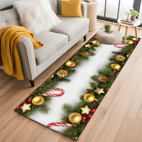 Christmas Kitchen Runner Rug 2x6 Washable Runners for Hallway Non Slip Winter Pine Branches Candy Xmas Gold Balls Large Area Rug Indoor Floor Carpet for Bathroom Laundry Entryway Bedroom Living Room