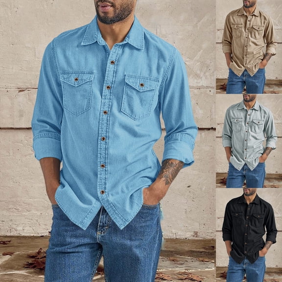 Blekii Men's Spring Autumn Casual Long Sleeve Lapel Denim Shirt - Classic Solid Colour, Durable Cotton Denim - Perfect for Casual Friday, Weekend Wear, Country Style Outing,