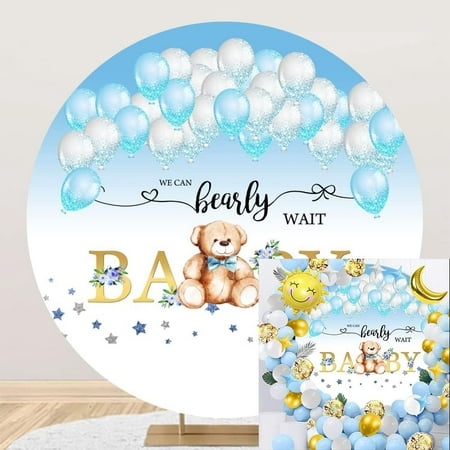Image of 7.2x7.2ft Bear Boy Baby Round Backdrop Cover We Can Bearly Wait Photography Background for Baby