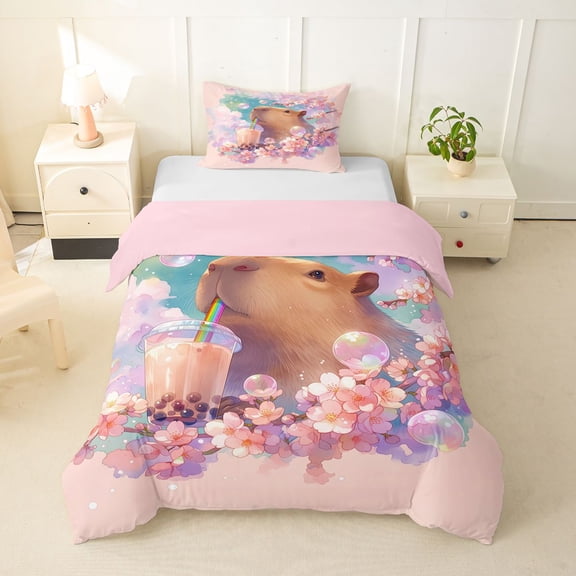 Erosebridal Kawaii Capybara Bubble Tea Twin Bedding For Boys Girls,Kids Japanese Floral Sakura Duvet Cover Set,2pcs,No Comforter,Pink Reversible