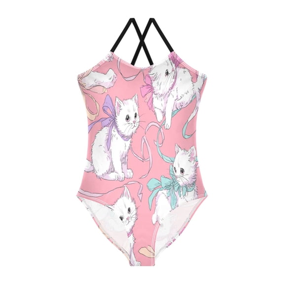 Girls' One-piece Swimsuit Cross Back Bathing Suit Beach Surfing Sizes 3T-10T White Cat Pattern