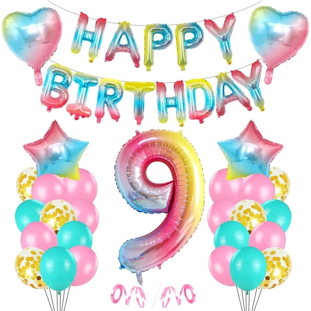 Decoraciones de cumpleaños, globos de helio con números coloridos y degradados de arco iris